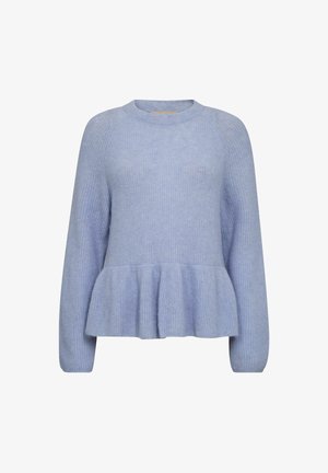 Šviesiai mėlynas megztinis su ilgomis raglan rankovėmis ir peplumo hemu.