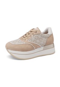 Sneaker beige con un upper in tessuto testurizzato e a fantasia, dettagli in suede e suola piatta bianca spessa. Presentano lacci tondi e un colletto imbottito.