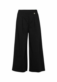 Czarne spodnie szerokie z plisami z przodu, z akcentem w postaci złotej gwiazdy. Wykonane z gładkiego materiału o dobrze zbudowanym kroju.