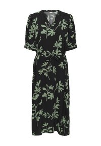 Rochie midi neagră cu model de frunze verzi, mâneci scurte bufante, decolteu în V și cordon de legat în talie.