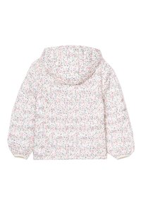 Gepolsterte Jacke in hellem Creme mit floralem Muster in Pink und Blau. Sie verfügt über eine Kapuze und elastische Bündchen und zeigt eine gesteppten Textur.