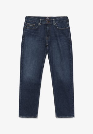 Mørkeblå straight-leg jeans med fem lommer, knaplukning og synlig syning, lagt fladt på en hvid baggrund.