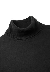 Un pull col roulé noir en tissu tricoté doux ; il possède un col haut à côtes et une texture lisse sans motifs ni accents visibles.
