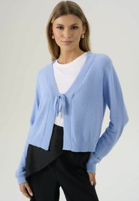 Giovane donna che indossa un cardigan azzurro chiaro annodato davanti, una maglietta bianca, pantaloni neri e orecchini dorati, in piedi contro uno sfondo neutro.