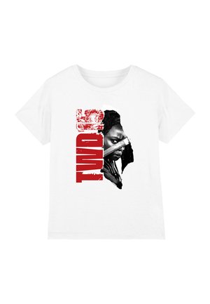 White T-shirt featuring a graphic of a serious woman’s face partially crossed by a bar and the red text "TWD" stacked vertically.