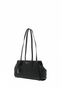 Sac à main noir en cuir texturé, avec deux poignées longues, une forme structurée, et un discret logo doré sur le devant.