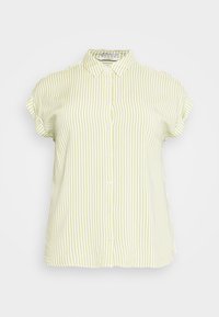 Camisa de botones de mangas cortas hecha de una tela ligera, con rayas verticales de color verde claro y blanco, y un diseño de cuello clásico.