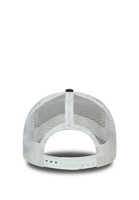 Mesh trucker cap with a white plastic snapback closure. The back features a rounded shape with a smooth top button and ventilated panels.