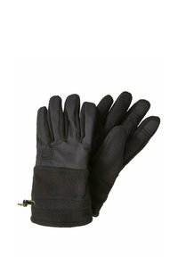 Black gloves featuring a fleece lining and a smooth outer shell. Includes touchscreen-compatible fingertips and adjustable wrist closures.