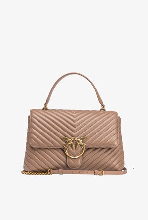 Quilted beige leather handbag with a top handle and a gold-tone bird-shaped clasp. Features a removable chain strap for versatile carrying.