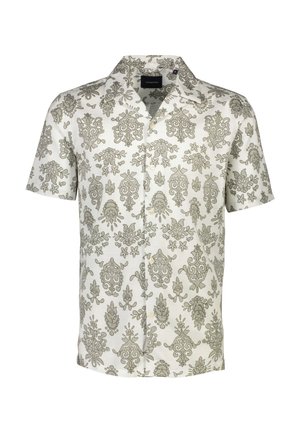 Koszula z krótkim rękawem w kolorze białym z misternym szarym wzorem kwiatowym i paisley. Posiada kołnierzyk oraz zapięcie na guziki, wykonana z lekkiego materiału.
