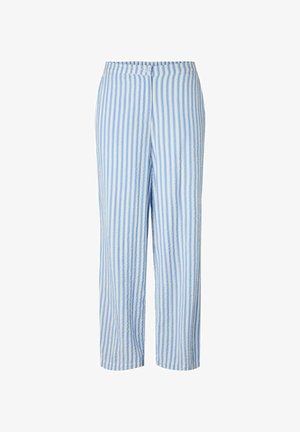 Volné kalhoty s vertikálními pruhy světle modré a bílé barvy, se zapínáním na knoflíky v pase.