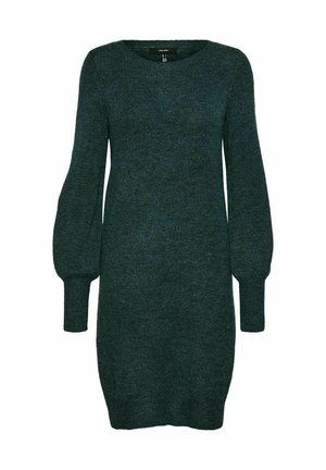 Donkergroene gebreide sweaterjurk met lange pofmouwen en geribbelde manchetten, ronde halslijn en een rechte zoom.