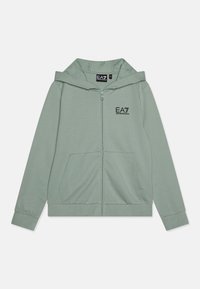 Veste à capuche zippée vert clair, dotée d'une poche kangourou, de poignets côtelés et du logo EA7 imprimé sur la poitrine gauche. Tissu au toucher doux.