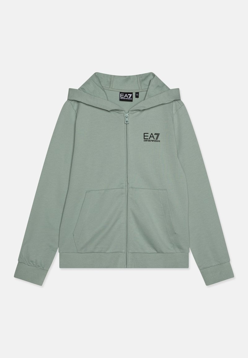 Veste à capuche zippée vert clair, dotée d'une poche kangourou, de poignets côtelés et du logo EA7 imprimé sur la poitrine gauche. Tissu au toucher doux.