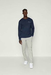 Man in een marineblauwe longsleeve Champion-shirt, lichtgrijze trainingsbroek en witte sneakers staat tegen een plain lichte achtergrond.