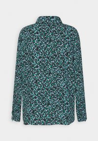 Long-sleeve blouse featuring a blue base with an abstract black and green print, a collar, and a relaxed fit. Soft, lightweight material.