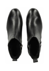 Bottines en cuir noir avec une texture lisse, bout arrondi, fermetures éclair latérales et une boucle à l'arrière pour un enfilage facile.