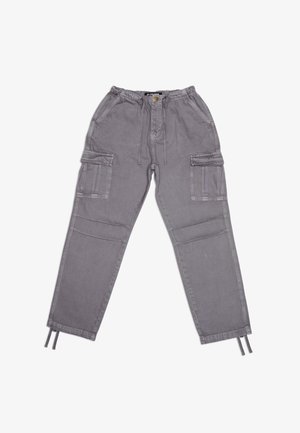 Grau Cargo-Hosen mit elastischem Bund, Kordelzugverschluss und mehreren Seitentaschen. Hergestellt aus strapazierfähigem Material mit glatter Textur.