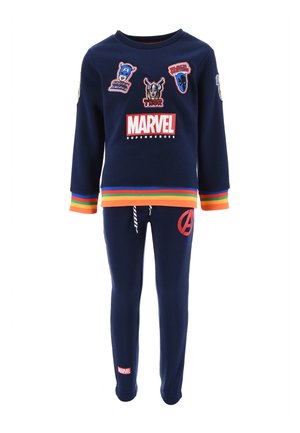 Navy blue sweatshirt and pants set with multicolor stripes, Marvel logo, and superhero patches. Soft fabric, casual style, elastic waistband.