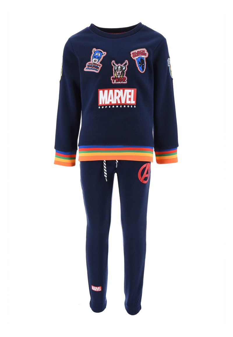 Marineblaues Sweatshirt und Hose Set mit mehrfarbigen Streifen, Marvel-Logo und Superhelden-Patches. Weicher Stoff, lässiger Stil, elastischer Bund.