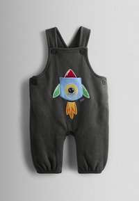 Tamsiai pilki džinsai su siuvinėtu raketų laivu priekyje, su spalvingais akcentais raudonos, mėlynos, geltonos ir žalios spalvos.