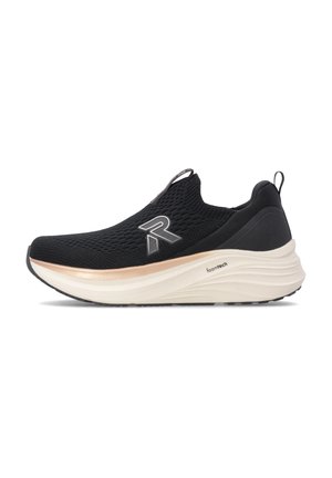 Black slip-on sneaker with cushioned white sole labeled foamtech and reflective silver logo on knitted upper.