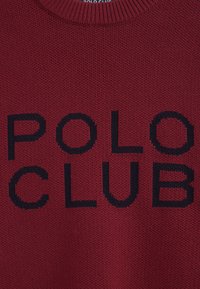 Roter Strickpullover mit rundem Ausschnitt und schwarzem "POLO CLUB"-Schriftzug. Die Textur ist glatt mit dichtem Gewebe.