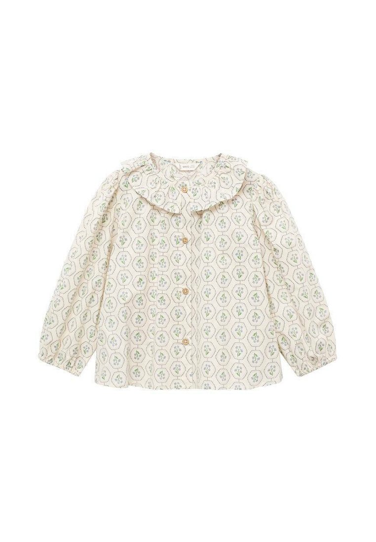 Blusa a maniche lunghe per bambini di colore crema con colletto arricciato, bottoni in legno e un motivo floreale verde all'interno di forme ovali.