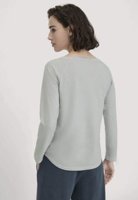 Hellgraues Longsleeve-Shirt mit Rundhalsausschnitt, glatter Textur und Raglanärmeln, von hinten mit abgerundetem Saum gezeigt.