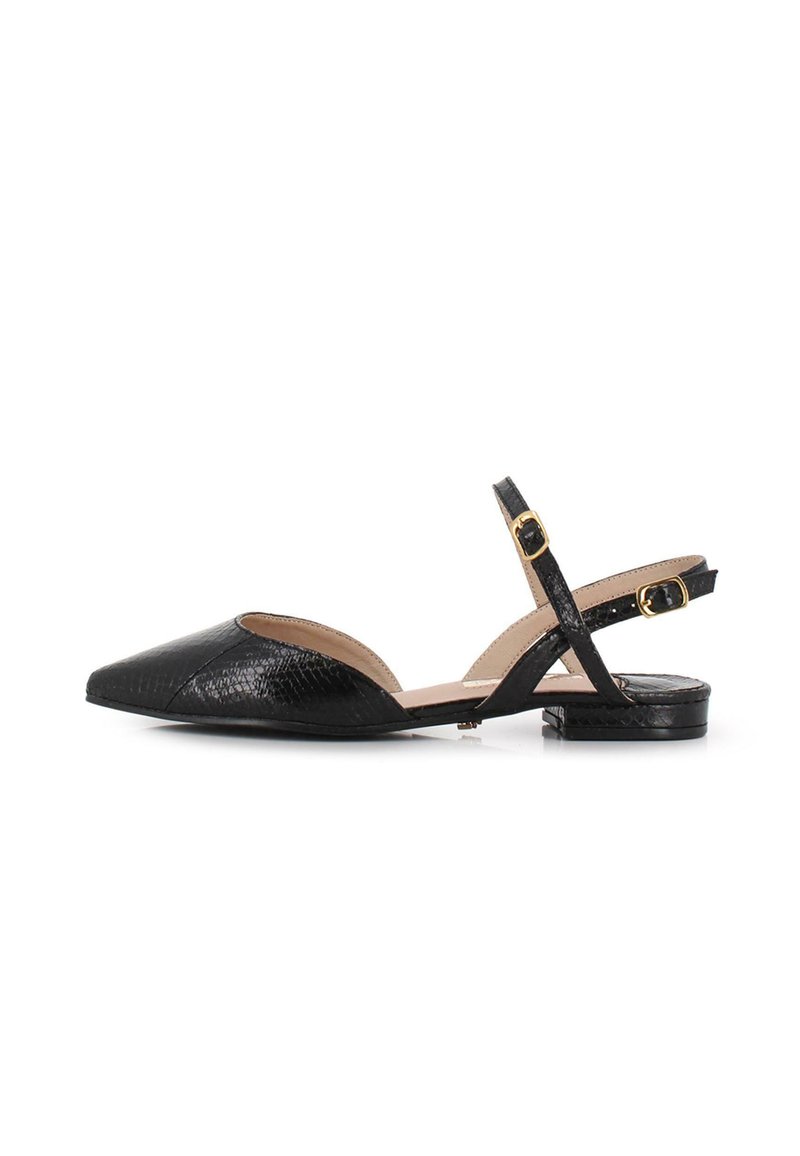 Zapatos negros de tiras con puntera puntiaguda, parte superior de cuero texturizado, correas con hebilla en el tobillo y un tacón bajo tipo bloque.