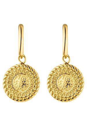 Guldøreringe med cirkulære vedhæng, der ligner mønter, med en flettet ydre kant og et præget klassisk profilmotiv.