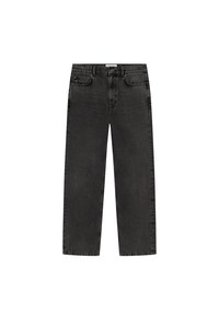 Melni džinsi ar taisnu kāju dizainu, piecām kabatām un aizdari ar pogu. Raksturīga viegli izbalējusi tekstūra un šuvju detaļas.