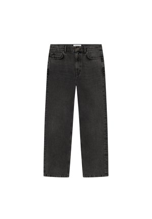 Jeans din denim negri cu un design drept, cinci buzunare și închidere cu nasture. Prezintă o textură ușor estompată și detalii de cusătură.