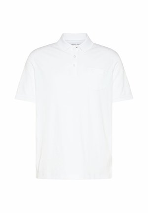 Weißes kurzärmeliges Poloshirt mit Kragen, drei Knöpfen und einer kleinen Brusttasche auf der linken Seite.