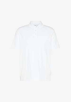 Weißes kurzärmeliges Poloshirt mit Kragen, drei Knöpfen und einer kleinen Brusttasche auf der linken Seite.