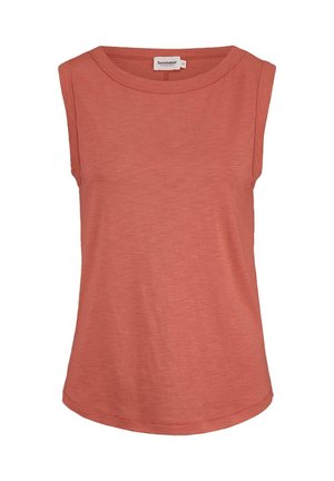 Mouwloos dames top in stofkleur stoffig roos met een ronde halslijn en gladde stof, voorzien van een klein merkembleem aan de binnenkant van de kraag.