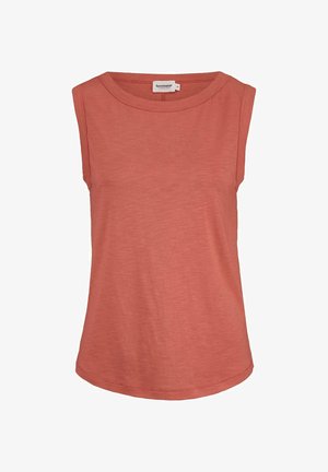 Mouwloos dames top in stofkleur stoffig roos met een ronde halslijn en gladde stof, voorzien van een klein merkembleem aan de binnenkant van de kraag.