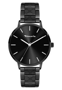 Schwarz-analoge Uhr mit einem mattschwarzen Zifferblatt, silbernen Stundenmarkierungen und Zeigern sowie einem glänzenden schwarzen Armband mit einem gemusterten Akzent.