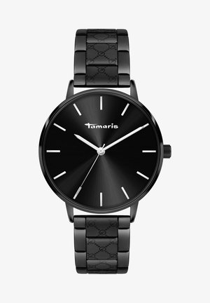 Schwarz-analoge Uhr mit einem mattschwarzen Zifferblatt, silbernen Stundenmarkierungen und Zeigern sowie einem glänzenden schwarzen Armband mit einem gemusterten Akzent.