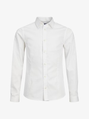 Fehér, hosszú ujjú ing pamutból készült, klasszikus gallérral, elöl gombos záródással és enyhén szabott fazonnal. Simább textúra.