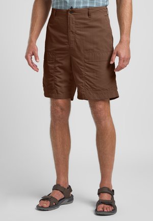 Brown cargo shorts with two large front pockets, made from lightweight fabric, featuring a button closure and a relaxed fit.
