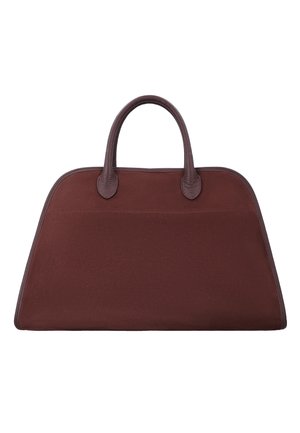 Braune strukturierte Handtasche mit abgerundeten Griffen und glattem Lederbesatz an Kanten und Griffen.