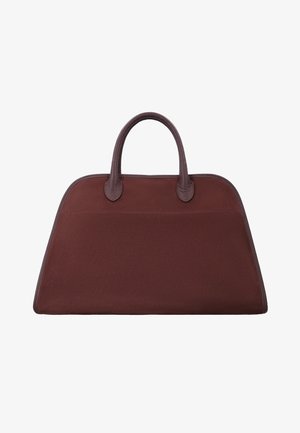 Braune strukturierte Handtasche mit abgerundeten Griffen und glattem Lederbesatz an Kanten und Griffen.