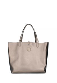 Borsa a tote grigia metallica con due manici e un piccolo logo circolare al centro frontale.