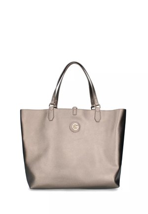 Metalen grauwe schoudertas met twee schouderbanden en een klein rond logo op het voorste midden.