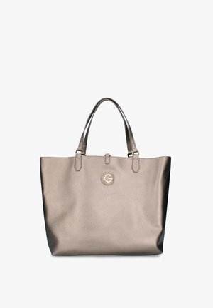 Sac fourre-tout gris métallisé avec deux anses et un petit logo circulaire au centre avant.