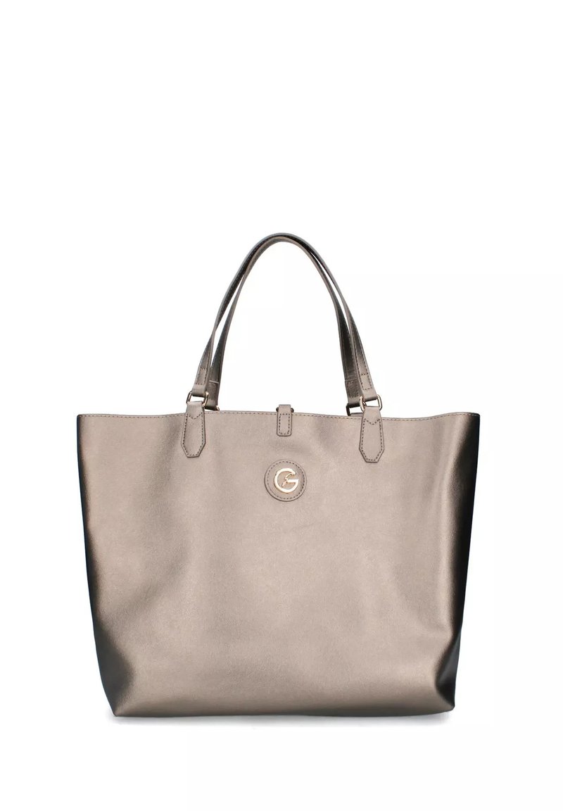 Borsa a tote grigia metallica con due manici e un piccolo logo circolare al centro frontale.
