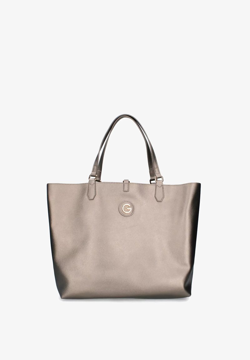 Borsa a tote grigia metallica con due manici e un piccolo logo circolare al centro frontale.
