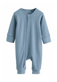 Blå ribbet baby-onesie med lange ærmer, lynlåslukning og manchetkanter. Blød stoftekstur; afslappet pasform med rund halsudskæring.